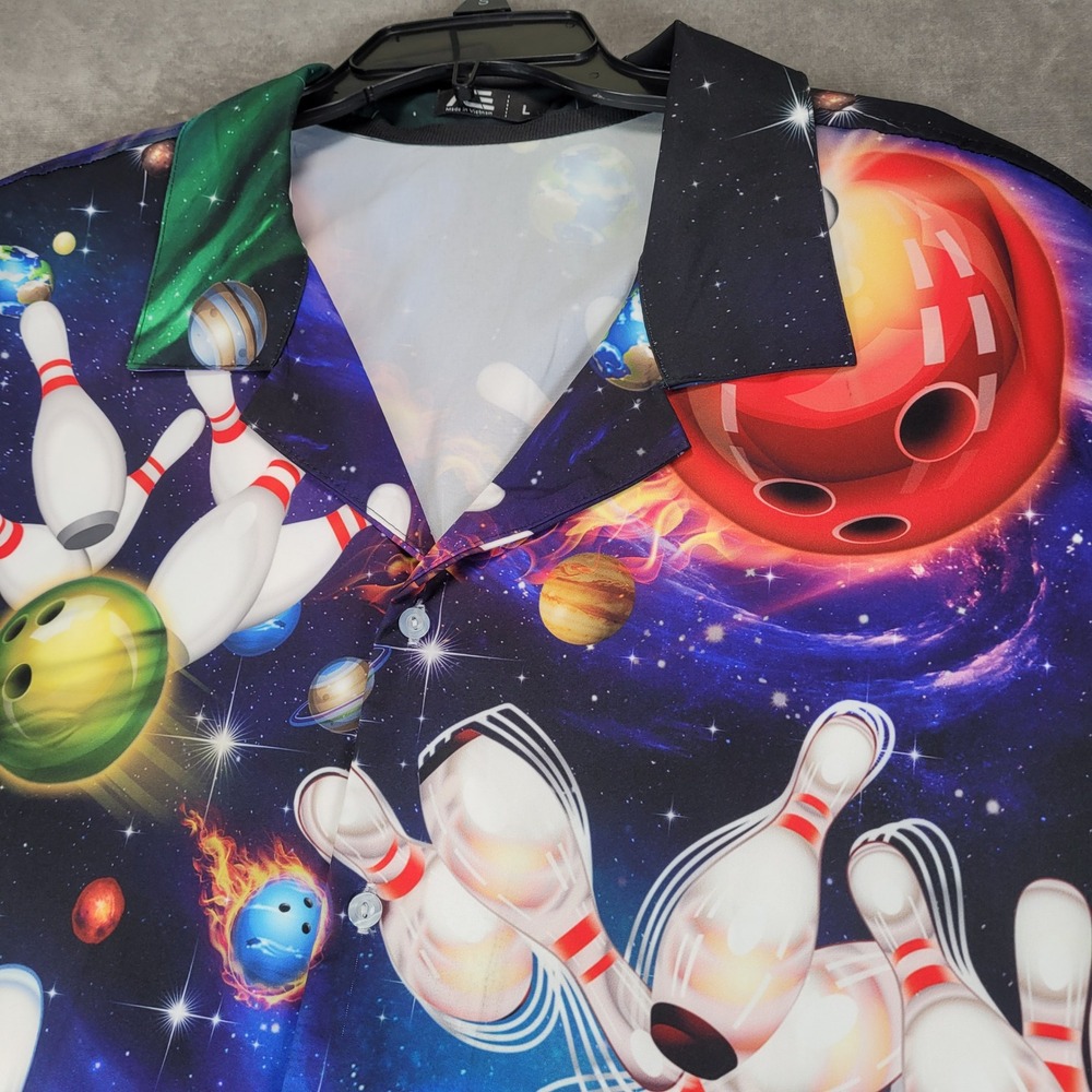 ACE Mens Bowling Ball Galaxy Space All Over Print Short Sleeve Button Up Shirt L - Picture 2 of 6